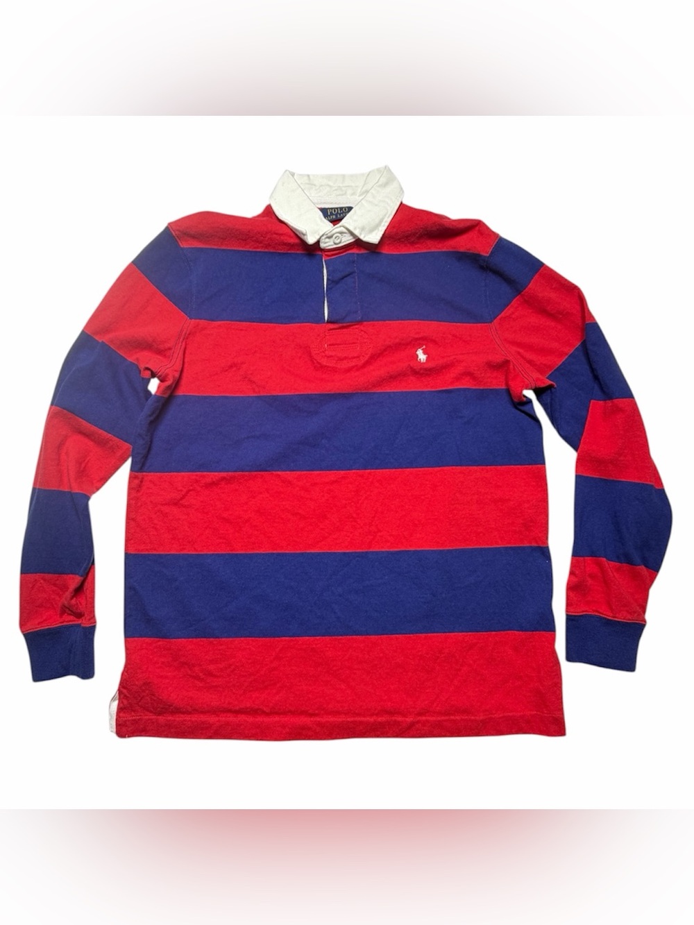 Polo Ralph Lauren Mens Rugby Shirt Medium Dark Red Navy Blue Striped Classic Fit